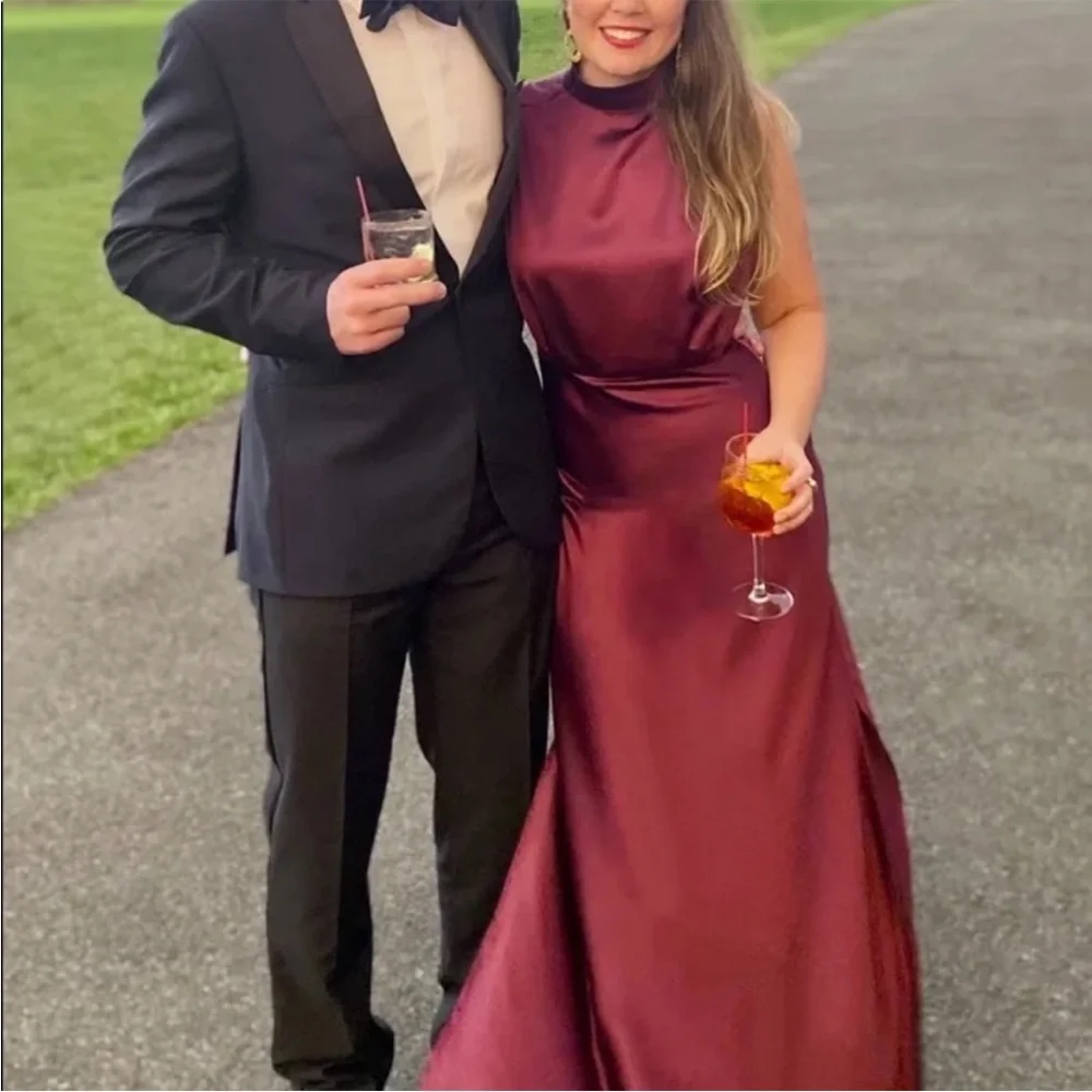 Lulus Classic Elegance Wine Satin Sleeveless Mock Neck Maxi Dress - Picture 9 of 12